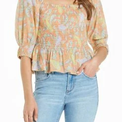 Dear John Denim women Frida Smocked Bodice Top in Creamsicle Paisley