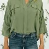 Dear John Denim women Charity 3/4 Sleeve Lace Front Blouse in Olive