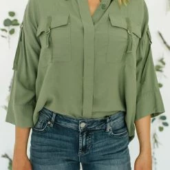 Dear John Denim women Charity 3/4 Sleeve Lace Front Blouse in Olive
